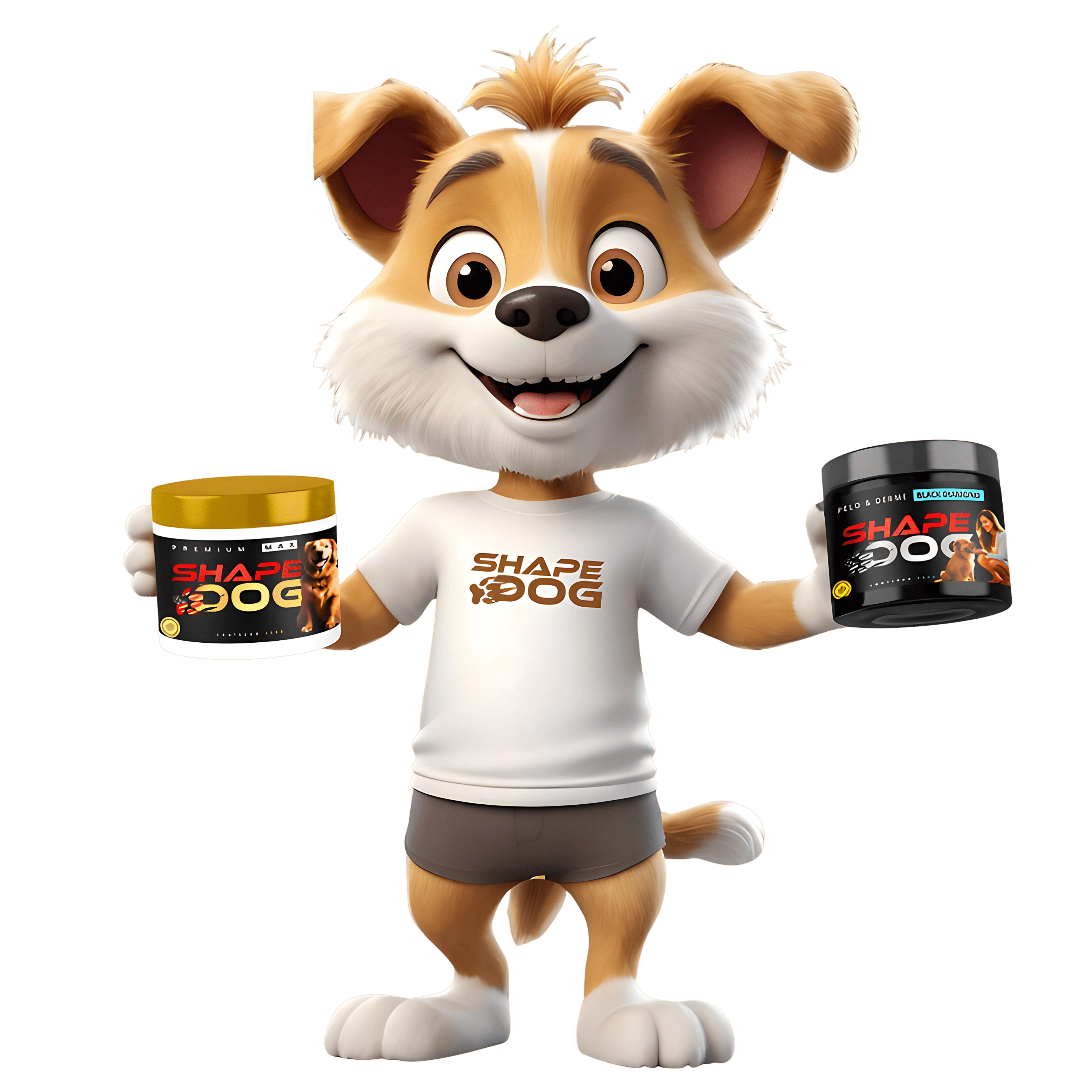 Mascote ShapeDog sorridente segurando dois potes de suplemento